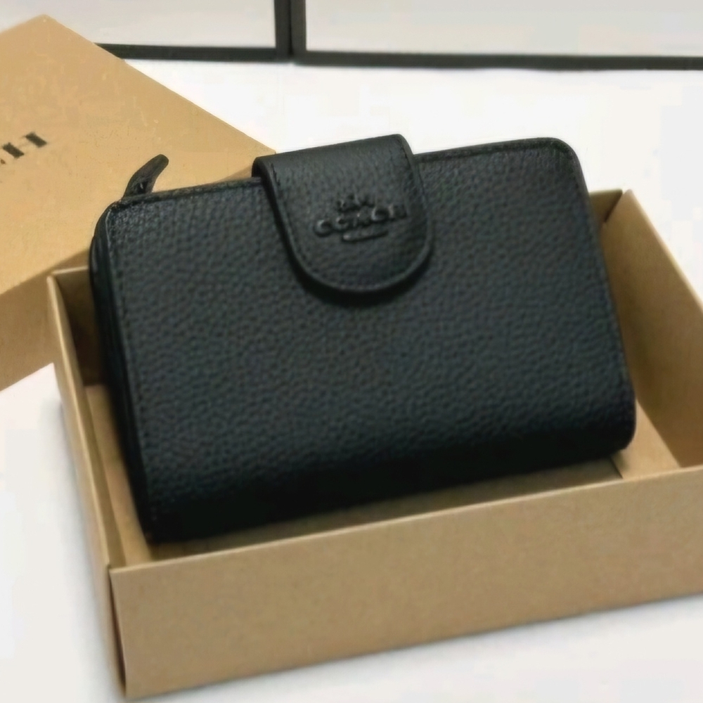 Coach Black On Black Pebbled Leather Bi Fold Snap Wallet